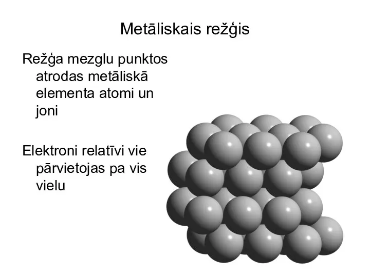 Metāliskais režģis Režģa mezglu punktos atrodas metāliskā elementa atomi un joni