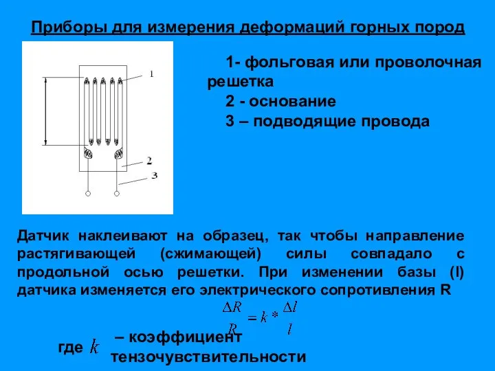 Приборы для измерения деформаций горных пород 1- фольговая или проволочная решетка