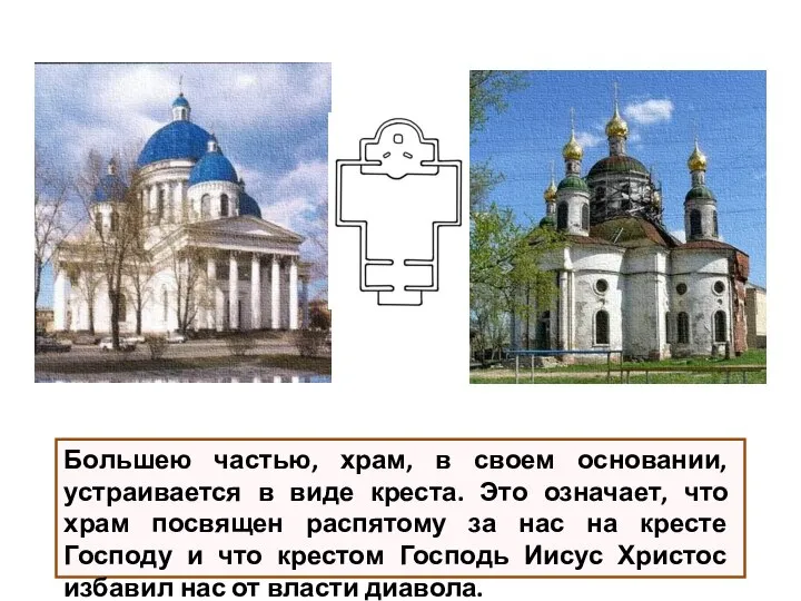 Большею частью, храм, в своем основании, устраивается в виде креста. Это