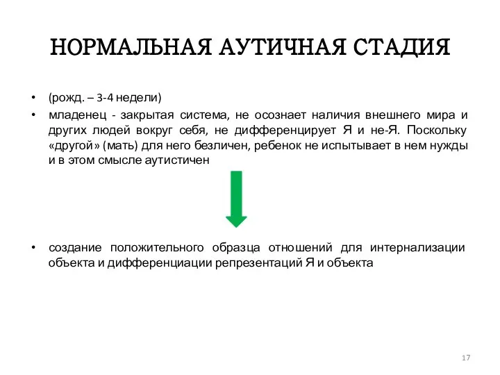 НОРМАЛЬНАЯ АУТИЧНАЯ СТАДИЯ (рожд. – 3-4 недели) младенец - закрытая система,