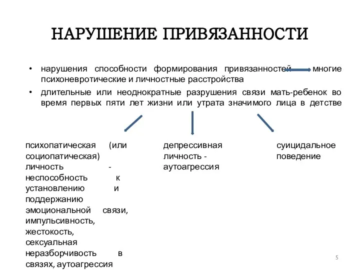 НАРУШЕНИЕ ПРИВЯЗАННОСТИ нарушения способности формирования привязанностей многие психоневротические и личностные расстройства