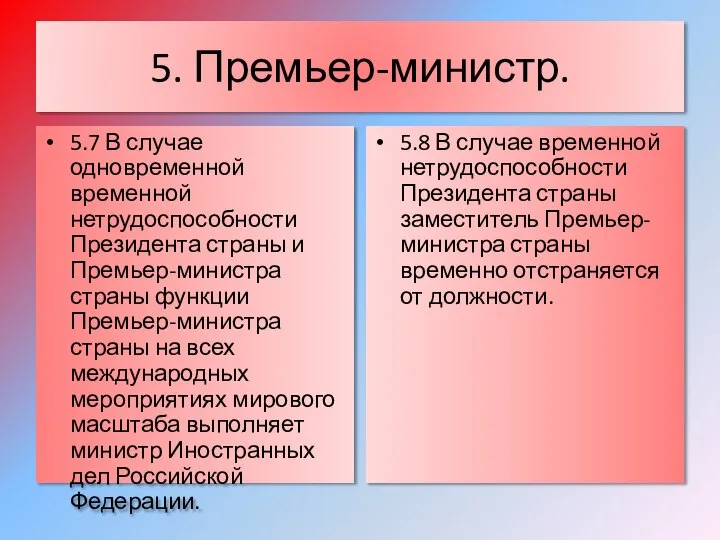 5. Премьер-министр. 5.7 В случае одновременной временной нетрудоспособности Президента страны и