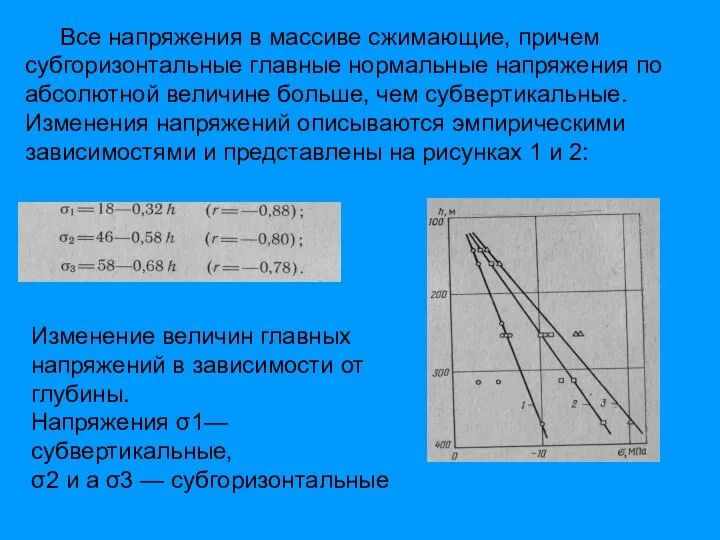 Все напряжения в массиве сжимающие, причем субгоризонтальные главные нормальные напряжения по