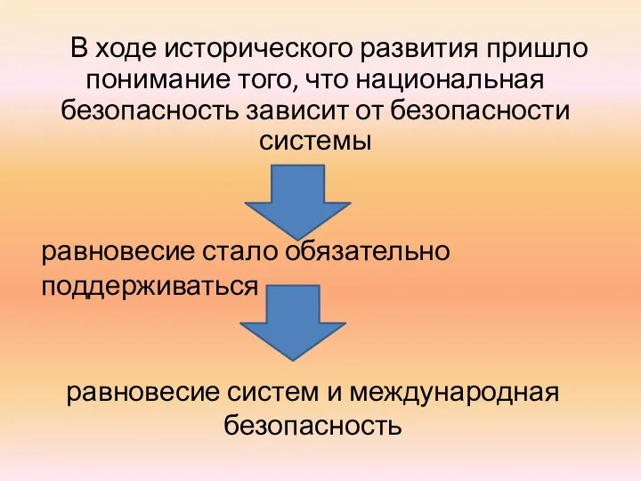 В ходе исторического развития пришло понимание того, что национальная безопасность зависит