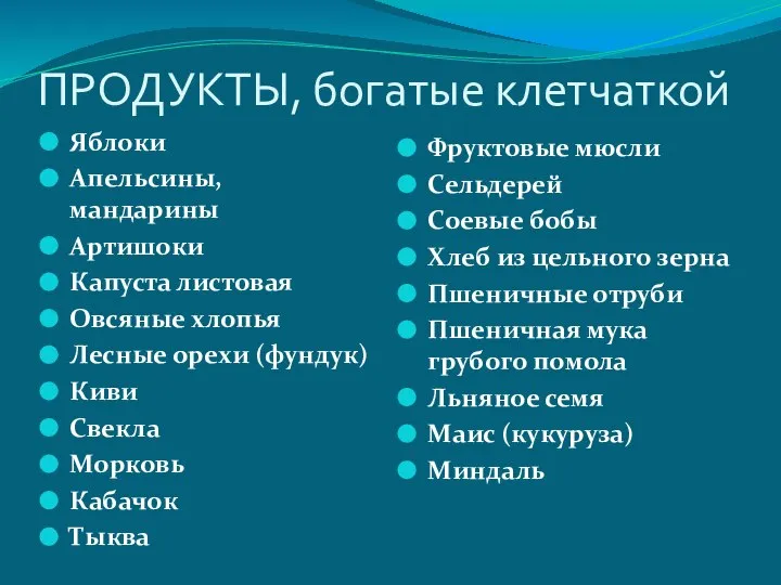 ПРОДУКТЫ, богатые клетчаткой Яблоки Апельсины, мандарины Артишоки Капуста листовая Овсяные хлопья