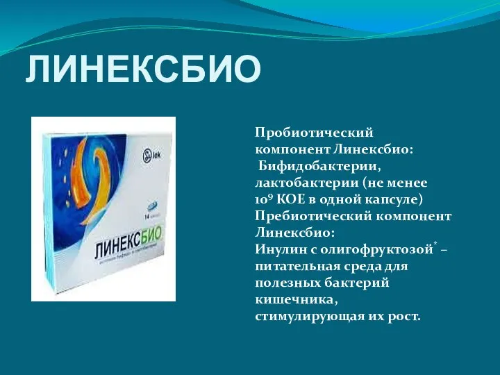 ЛИНЕКСБИО Пробиотический компонент Линексбио: Бифидобактерии, лактобактерии (не менее 109 КОЕ в