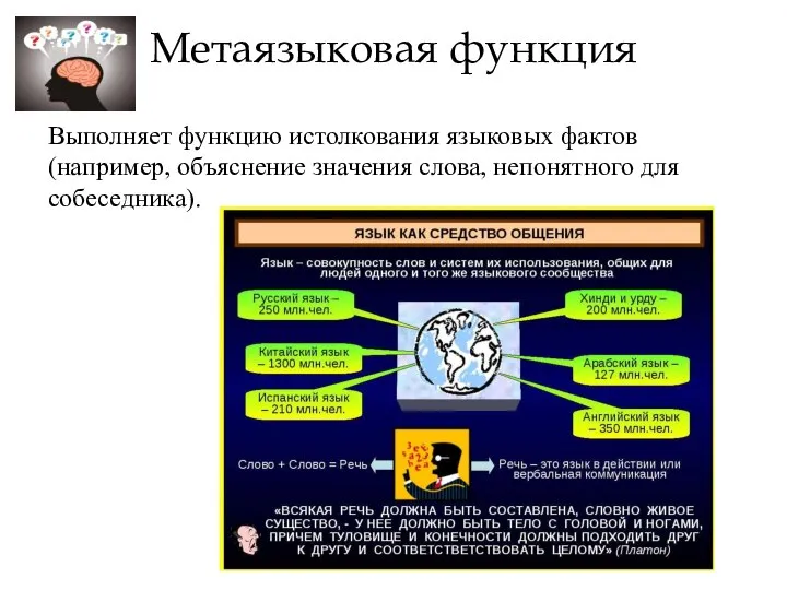 Метаязыковая функция Выполняет функцию истолкования языковых фактов (например, объяснение значения слова, непонятного для собеседника).