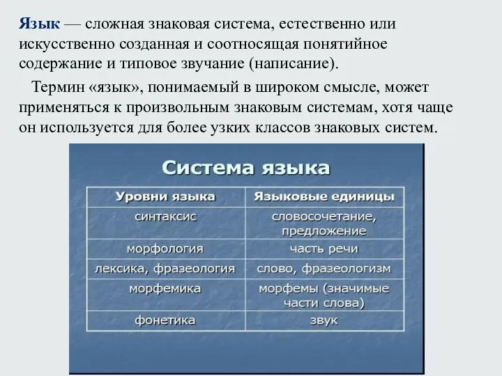 Язык — сложная знаковая система, естественно или искусственно созданная и соотносящая