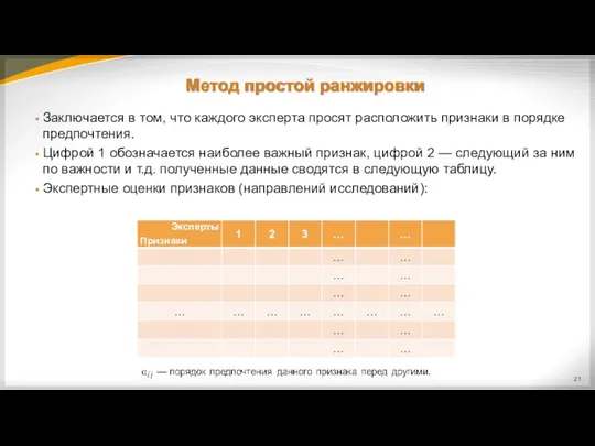 Метод простой ранжировки Заключается в том, что каждого эксперта просят расположить