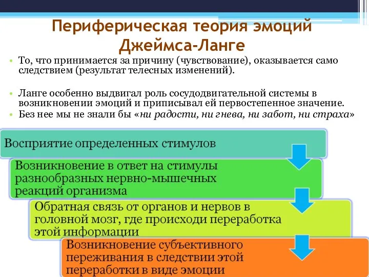 Периферическая теория эмоций Джеймса-Ланге То, что принимается за причину (чувствование), оказывается