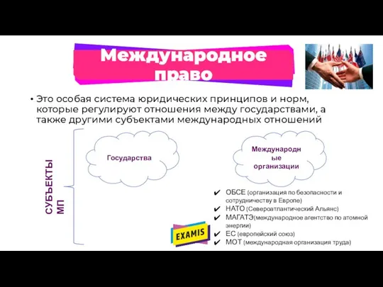 Международное право Это особая система юридических принципов и норм, которые регулируют