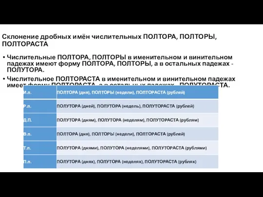 Склонение дробных имён числительных ПОЛТОРА, ПОЛТОРЫ, ПОЛТОРАСТА Числительные ПОЛТОРА, ПОЛТОРЫ в