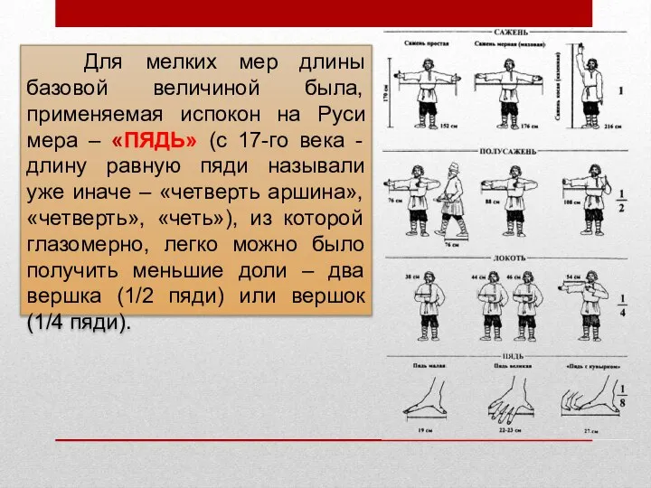 Для мелких мер длины базовой величиной была, применяемая испокон на Руси