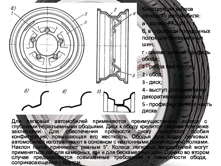 Для легковых автомобилей применяются преимущественно колеса с глубокими неразъемными ободьями. Диск