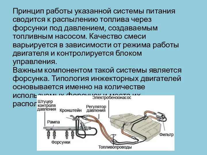 Принцип работы указанной системы питания сводится к распылению топлива через форсунки