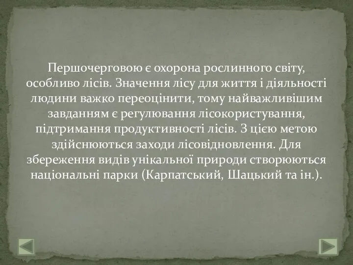 Першочерговою є охорона рослинного світу, особливо лісів. Значення лісу для життя