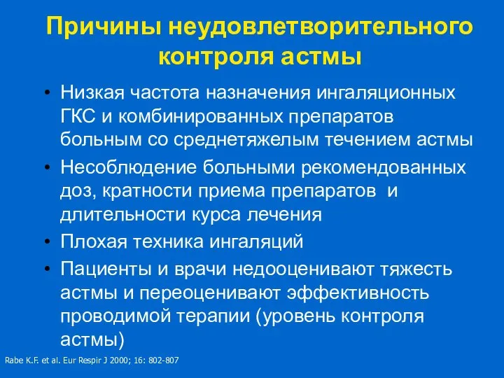 Причины неудовлетворительного контроля астмы Низкая частота назначения ингаляционных ГКС и комбинированных