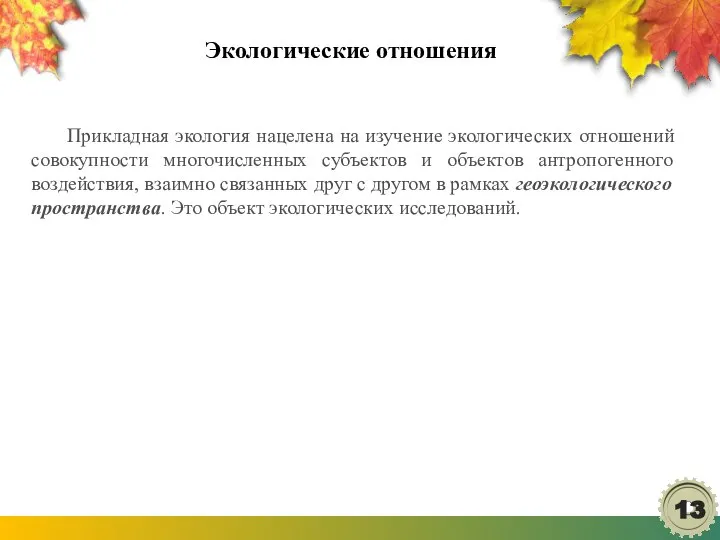 Экологические отношения Прикладная экология нацелена на изучение экологических отношений совокупности многочисленных