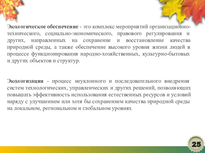 Экологическое обеспечение - это комплекс мероприятий организационно-технического, социально-экономического, правового регулирования и