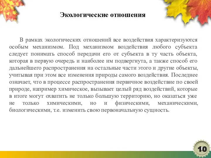 Экологические отношения В рамках экологических отношений все воздействия характеризуются особым механизмом.