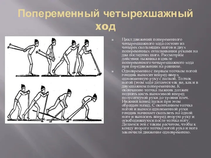 Попеременный четырехшажный xoд Цикл движений попеременного четырехшажного хода состоит из четырех