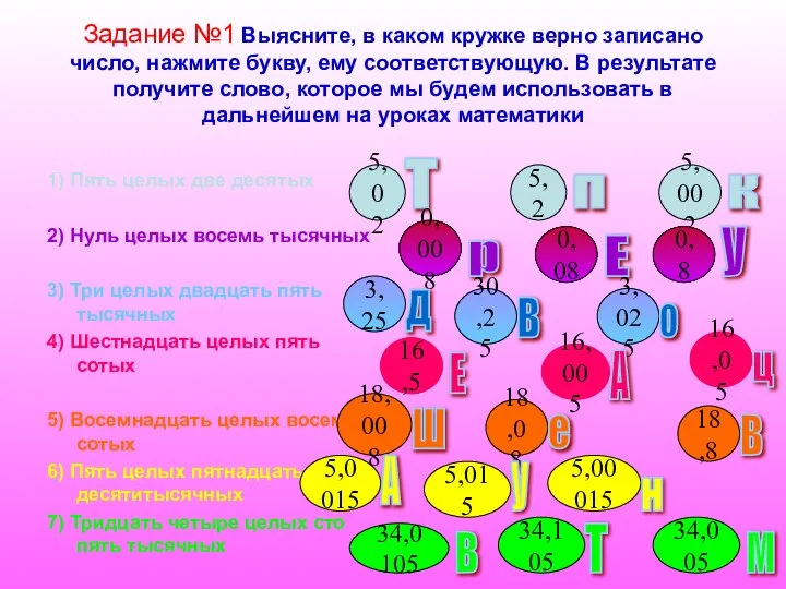 Задание №1 Выясните, в каком кружке верно записано число, нажмите букву,