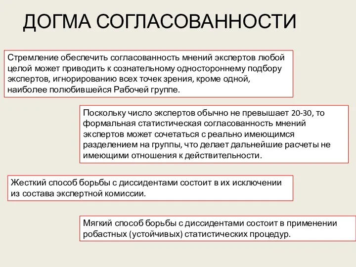 ДОГМА СОГЛАСОВАННОСТИ Стремление обеспечить согласованность мнений экспертов любой целой может приводить