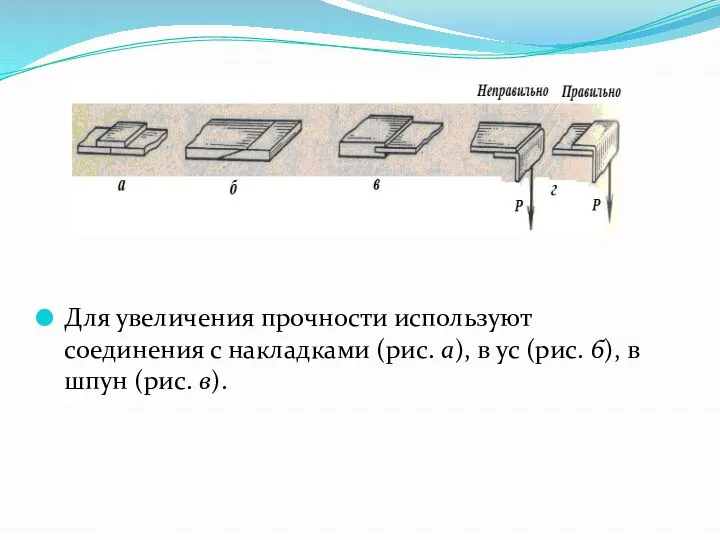 Для увеличения прочности используют соединения с накладками (рис. а), в ус