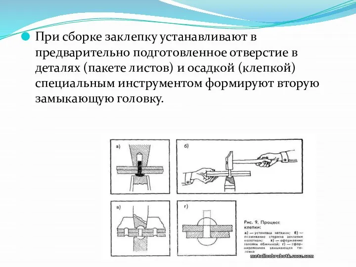 При сборке заклепку устанавливают в предварительно подготовленное отверстие в деталях (пакете