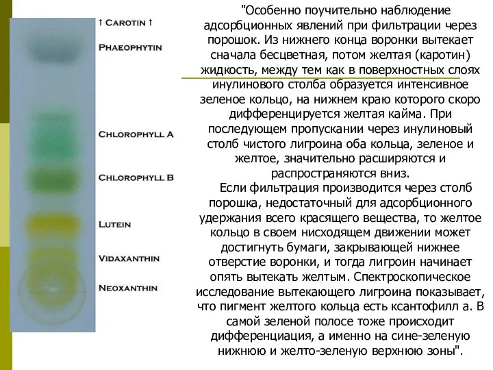 "Особенно поучительно наблюдение адсорбционных явлений при фильтрации через порошок. Из нижнего