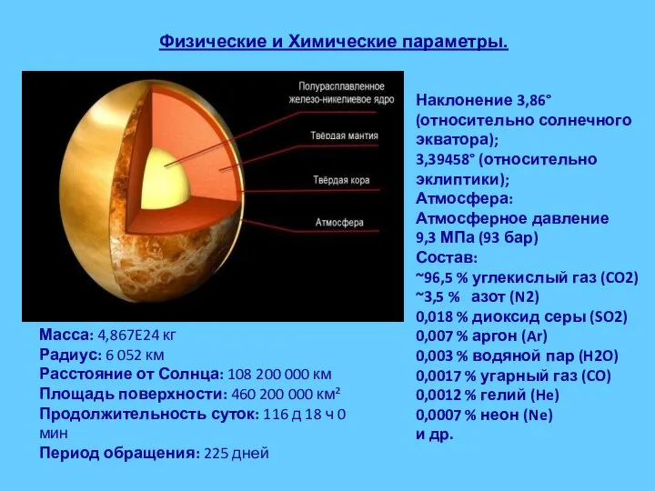 Масса: 4,867E24 кг Радиус: 6 052 км Расстояние от Солнца: 108