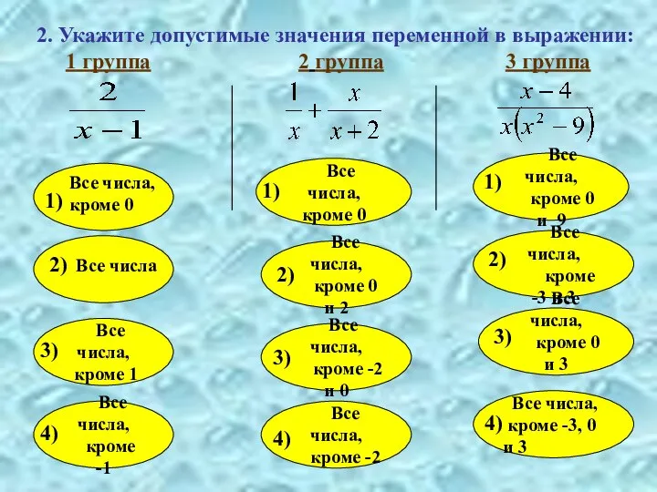 2. Укажите допустимые значения переменной в выражении: 1 группа 2 группа