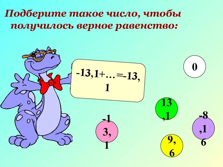 Подберите такое число, чтобы получилось верное равенство: -13,1+…=-13,1 -13,1 13,1 9,6 0 -8,16