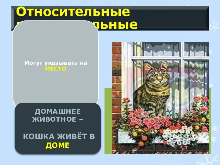 Относительные прилагательные Могут указывать на МЕСТО ДОМАШНЕЕ ЖИВОТНОЕ – КОШКА ЖИВЁТ В ДОМЕ