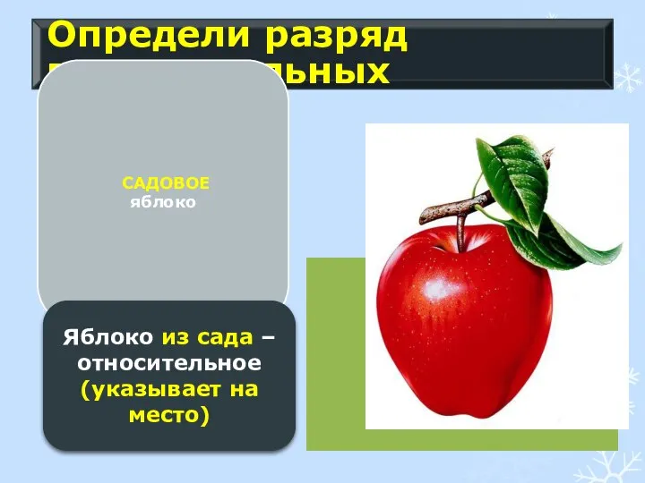 Определи разряд прилагательных САДОВОЕ яблоко Яблоко из сада – относительное (указывает на место)