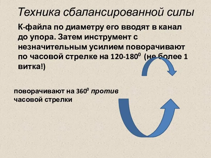 Техника сбалансированной силы К-файла по диаметру его вводят в канал до