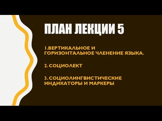 ПЛАН ЛЕКЦИИ 5 1.ВЕРТИКАЛЬНОЕ И ГОРИЗОНТАЛЬНОЕ ЧЛЕНЕНИЕ ЯЗЫКА. 2. СОЦИОЛЕКТ 3. СОЦИОЛИНГВИСТИЧЕСКИЕ ИНДИКАТОРЫ И МАРКЕРЫ