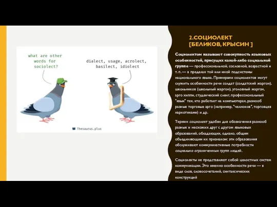 2.СОЦИОЛЕКТ [БЕЛИКОВ, КРЫСИН ] Социолектом называют совокупность языковых особен­ностей, присущих какой-либо