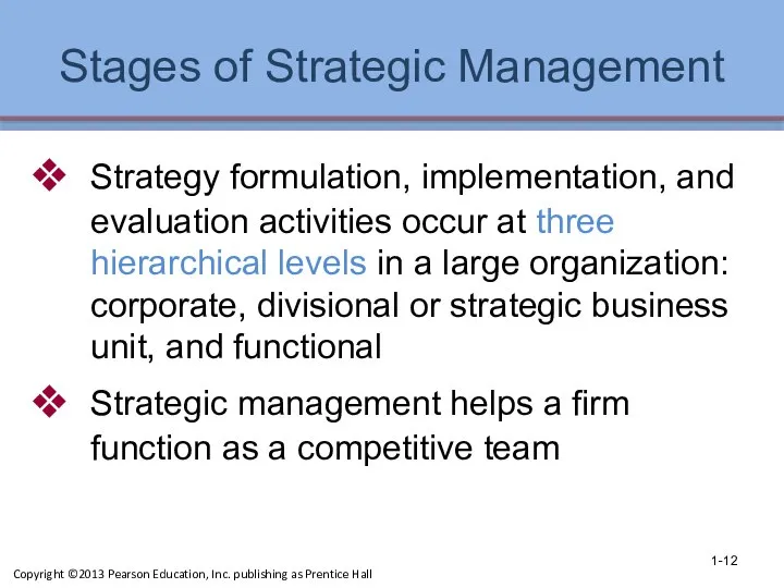 Stages of Strategic Management Strategy formulation, implementation, and evaluation activities occur