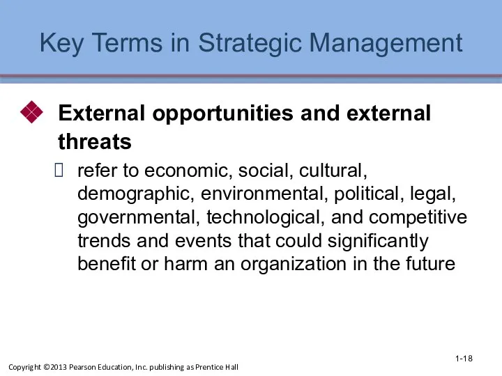 Key Terms in Strategic Management External opportunities and external threats refer