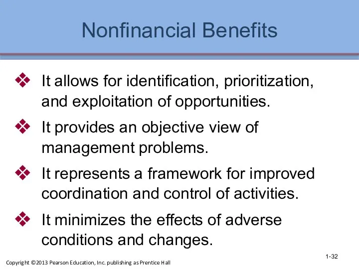 Nonfinancial Benefits It allows for identification, prioritization, and exploitation of opportunities.