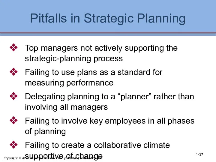 Pitfalls in Strategic Planning Top managers not actively supporting the strategic-planning