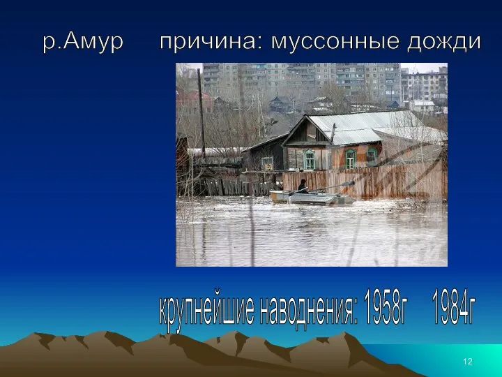 р.Амур причина: муссонные дожди крупнейшие наводнения: 1958г 1984г