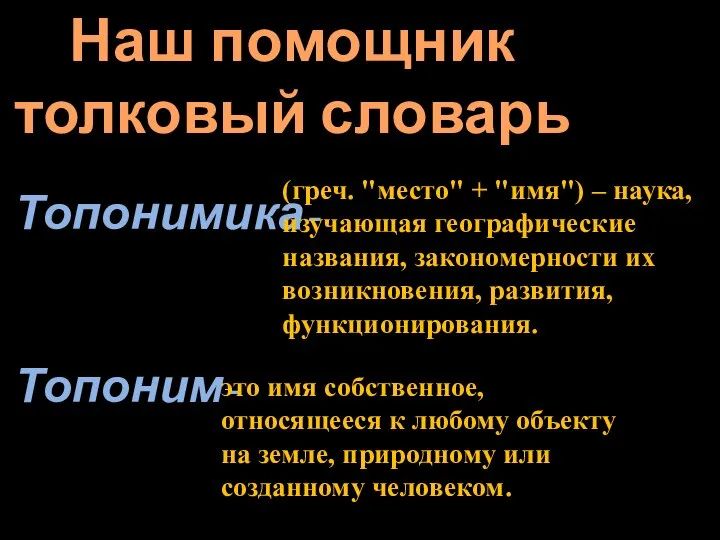 Наш помощник толковый словарь Топонимика- Топоним- это имя собственное, относящееся к