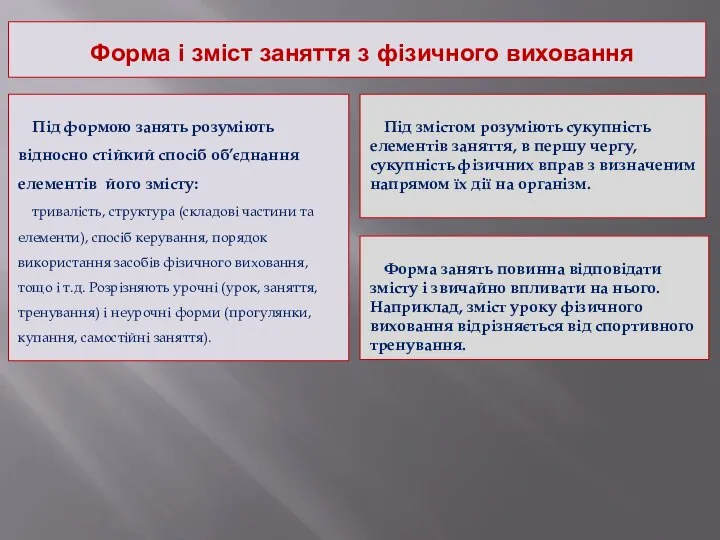 Форма і зміст заняття з фізичного виховання Під формою занять розуміють