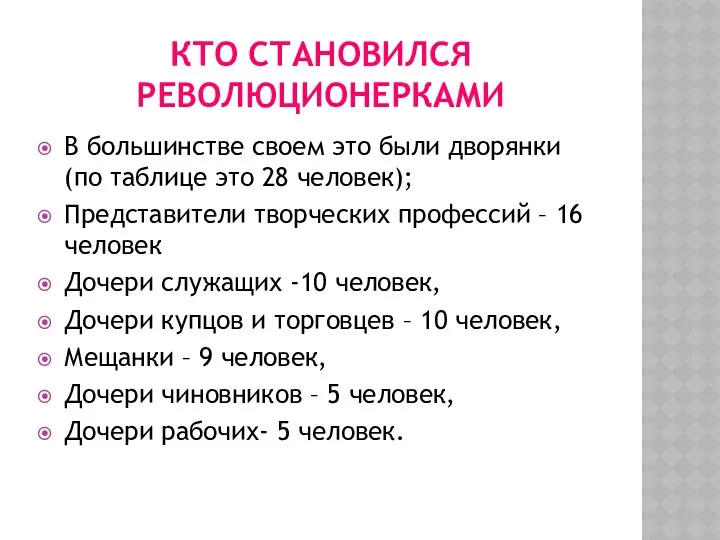 КТО СТАНОВИЛСЯ РЕВОЛЮЦИОНЕРКАМИ В большинстве своем это были дворянки (по таблице