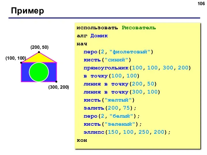 Пример использовать Рисователь алг Домик нач перо(2, "фиолетовый") кисть("синий") прямоугольник(100, 100,