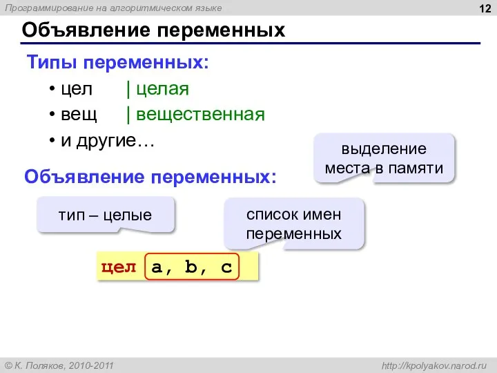 Объявление переменных Типы переменных: цел | целая вещ | вещественная и