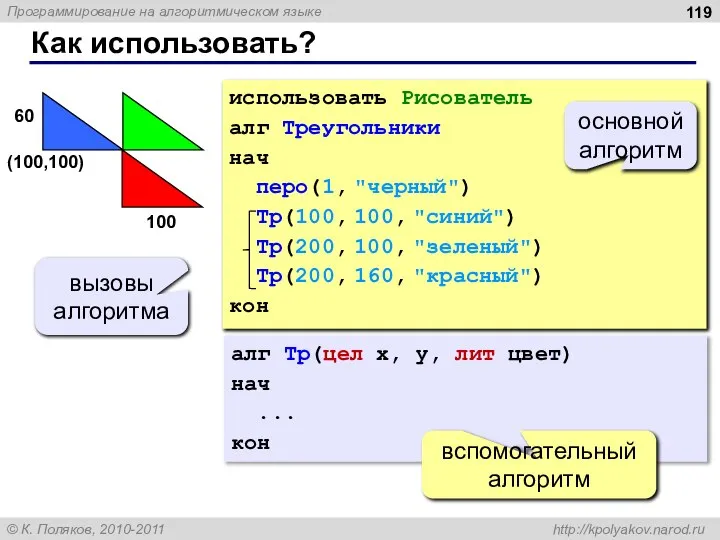 Как использовать? использовать Рисователь алг Треугольники нач перо(1, "черный") Тр(100, 100,