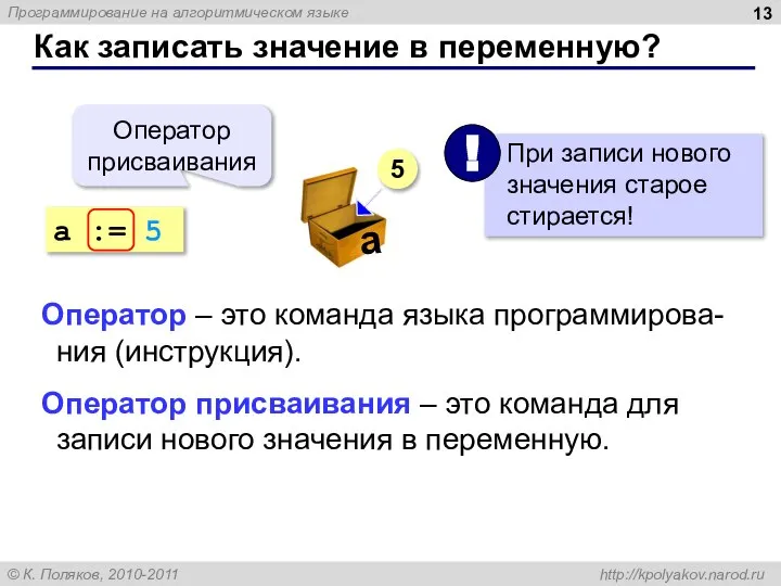 Как записать значение в переменную? a := 5 Оператор присваивания 5